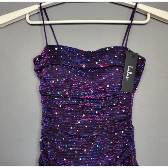 Lulus Mini Dress Womens XS Purple Sequin Ruched Bodycon Spaghetti Strap Party - Picture 3 of 11